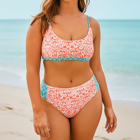 Cabana Life Other - Cabana Life Preppy Beach UPF 50+ Coastal Bikini Set Swim Coral & Turquoise L